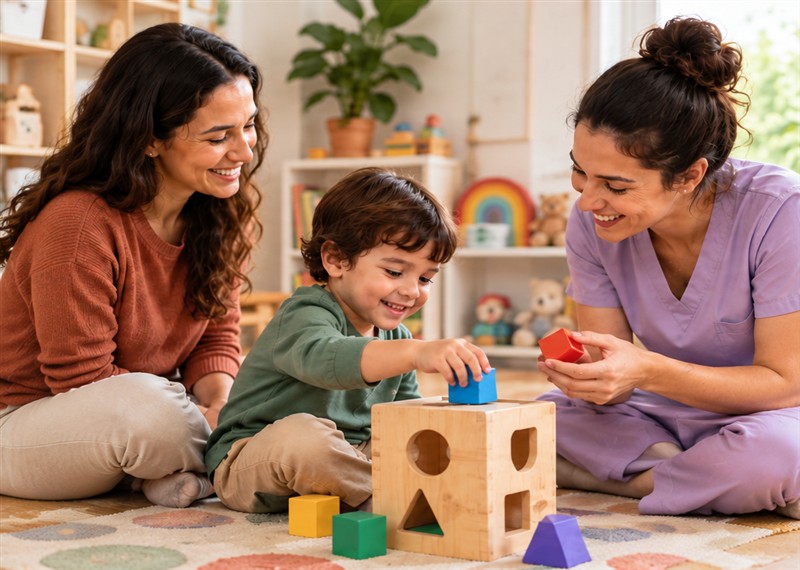 Família e profissional observando uma criança em atividade com blocos