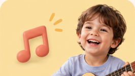 Criança sorrindo enquanto toca um instrumento musical