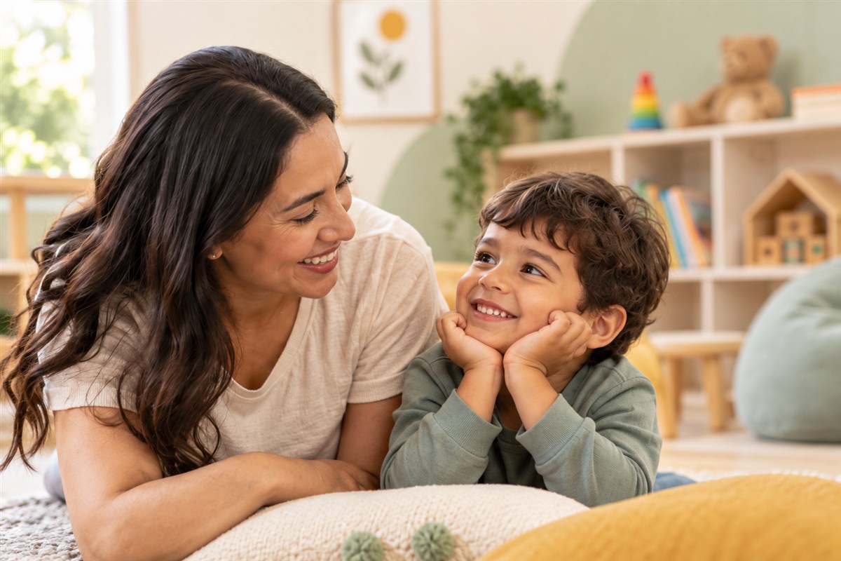 Mãe e filho sorrindo enquanto conversam
