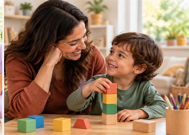 Mãe acompanhando o filho durante uma brincadeira com blocos