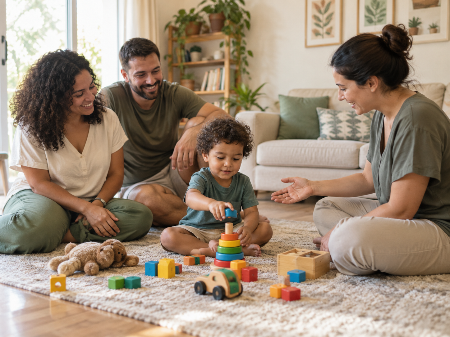 Família praticando uma rotina com apoio de terapeuta